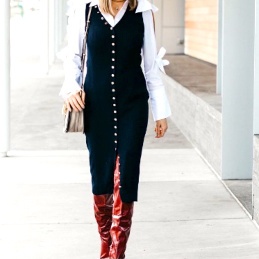 Zara Navy Long Blue Knit Dress with Gold Buttons